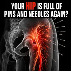 SootheSciatica ad: “Your hip is full of pins and needles again?” over an X-ray style image of the nerve