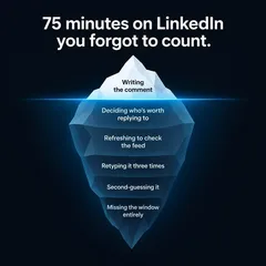 SignalPost ad: “75 minutes on LinkedIn you forgot to count.” drawn as an iceberg of hidden engagement tasks