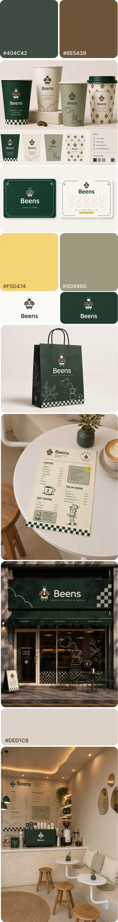 Beens cafe brand collage: palette, bag, cups, interior, loyalty card, menu, and storefront