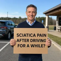 SootheSciatica ad: a man holding a sign reading “Sciatica pain after driving for a while?”