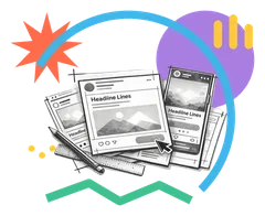 Sticker collage of social ad mockups and layouts, representing static ad design