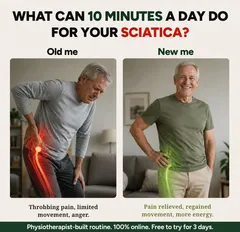 SootheSciatica ad: “What can 10 minutes a day do for your sciatica?” comparing an old me and a new me