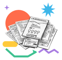 Sticker collage of hand-drawn UI wireframe sketches, representing the UX/UI design academy