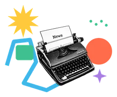 Sticker collage of a vintage typewriter with a page reading News, representing amateur journalism