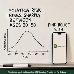 SootheSciatica ad: a whiteboard chart showing sciatica risk rising between ages 30 and 50, next to the app
