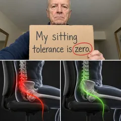 SootheSciatica ad: a man holding a sign reading “My sitting tolerance is zero.”