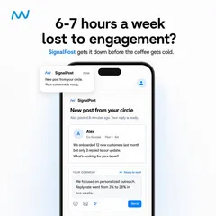 SignalPost ad: “6-7 hours a week lost to engagement?” with a phone showing a drafted LinkedIn comment