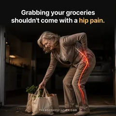 SootheSciatica ad: a woman lifting grocery bags, “Grabbing your groceries shouldn't come with a hip pain.”