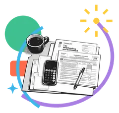 Sticker collage of a desk with tax forms, calculator, and coffee, representing the accounting detour