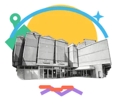 Sticker collage of a university building, representing the marketing degree