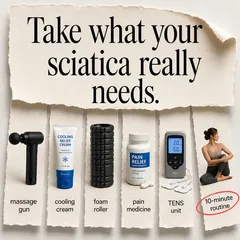 SootheSciatica ad: “Take what your sciatica really needs.” lining up a massage gun, cooling cream, foam roller, pain medicine, TENS unit and a 10-minute routine