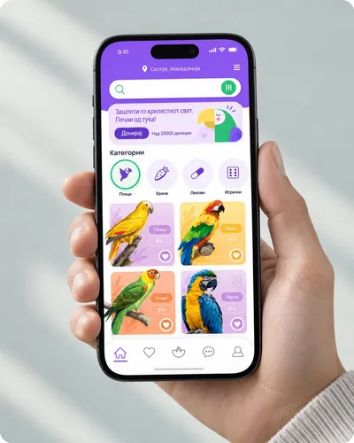 Papagalce app browsing screen held in hand