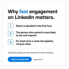 SignalPost ad: “Why fast engagement on LinkedIn matters” with three numbered reasons