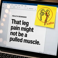 SootheSciatica ad: a sticky note on a laptop reading “That leg pain might not be a pulled muscle.”