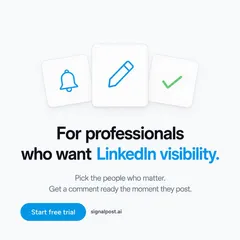 SignalPost ad: “For professionals who want LinkedIn visibility.” with notify, draft and post icons