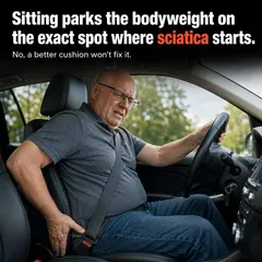 SootheSciatica ad: a man driving, “Sitting parks the bodyweight on the exact spot where sciatica starts.”